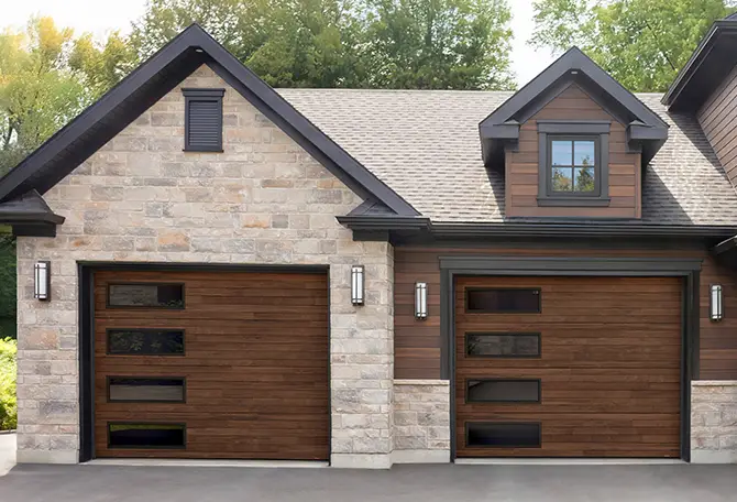 Modern house with two sleek Garaga Plank garage doors (10' x 8', Dark Acacia HD)